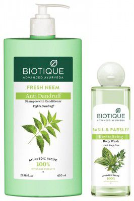 Biotique Bio Neem Margosa Anti Dandruff Shampoo & Conditioner, 650ml & Basil & Parsley Revitalizing Body Wash, 200ml