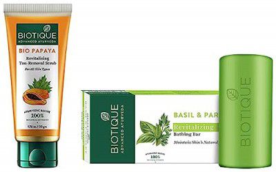 Biotique Bio Papaya Revitalizing Tan Removal Scrub, 50g And Biotique Basil And Parsley Revitalizing Body Soap, 150g
