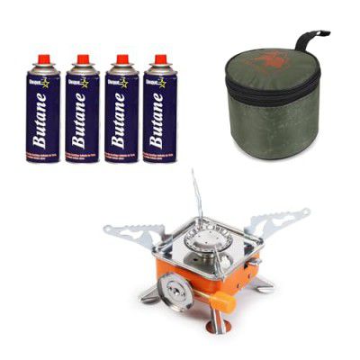 BisonBerg Portable Mini Stove with 4 Butane Gas Canister Lightweight Folding Gas atove For outdoor Cooking & Camping