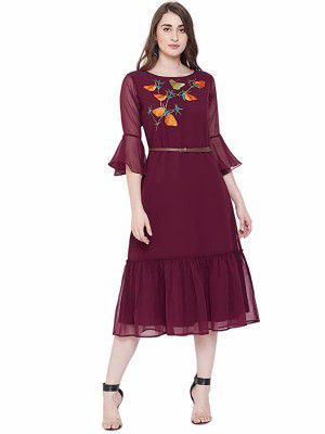 BITTERLIME Womens Georgette A-Line Below The Knee Casual Dress