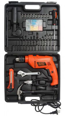 Black + Decker HD555KMPR-B1 Hammer Drill Machine & Hand Tool Kit (100 pc) For Wood, Steel & Masonry, 13 millimeters 550 Watts, For Home & Professional Use, 1 Year Warranty - Black