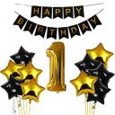 Black & Gold 1st Happy Birthday Balloons Decoration Kit Items Combo-12Pcs for Kids Boys, Girls, 10 Star Foil Balloons, 1 Banner ,1 number foil balloon...