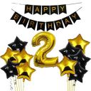 Black & Gold 2nd Happy Birthday Balloons Decoration Kit Items Combo-12Pcs for Kids Boys, Girls, 10 Star Foil Balloons, 1 Banner ,1 number foil balloon...