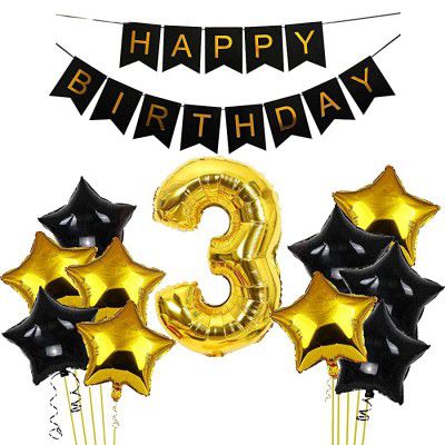 Black & Gold 3rd Happy Birthday Balloons Decoration Kit Items Combo-12Pcs for Kids Boys, Girls, 10 Star Foil Balloons, 1 Banner ,1 number foil balloon