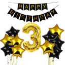 Black & Gold 3rd Happy Birthday Balloons Decoration Kit Items Combo-12Pcs for Kids Boys, Girls, 10 Star Foil Balloons, 1 Banner ,1 number foil balloon...