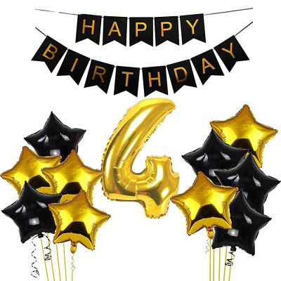 Black & Gold 4th Happy Birthday Balloons Decoration Kit Items Combo-12Pcs for Kids Boys, Girls, 10 Star Foil Balloons, 1 Banner ,1 number foil balloon