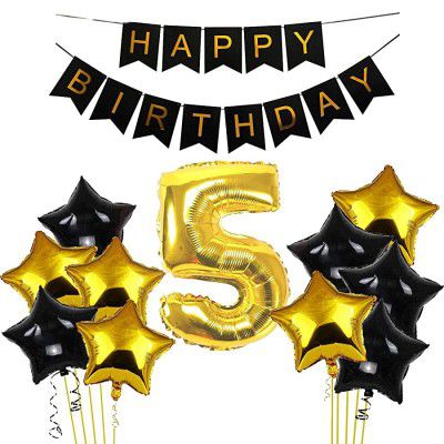 Black & Gold 5th Happy Birthday Balloons Decoration Kit Items Combo-12Pcs for Kids Boys, Girls, 10 Star Foil Balloons, 1 Banner ,1 number foil balloon