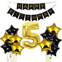 Black & Gold 5th Happy Birthday Balloons Decoration Kit Items Combo-12Pcs for Kids Boys, Girls, 10 Star Foil Balloons, 1 Banner ,1 number foil balloon...