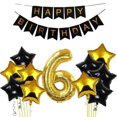 Black & Gold 6th Happy Birthday Balloons Decoration Kit Items Combo-12Pcs for Kids Boys, Girls, 10 Star Foil Balloons, 1 Banner ,1 number foil balloon