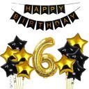 Black & Gold 6th Happy Birthday Balloons Decoration Kit Items Combo-12Pcs for Kids Boys, Girls, 10 Star Foil Balloons, 1 Banner ,1 number foil balloon...