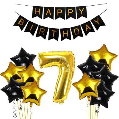 Black & Gold 7th Happy Birthday Balloons Decoration Kit Items Combo-12Pcs for Kids Boys, Girls, 10 Star Foil Balloons, 1 Banner ,1 number foil balloon