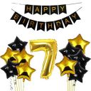 Black & Gold 7th Happy Birthday Balloons Decoration Kit Items Combo-12Pcs for Kids Boys, Girls, 10 Star Foil Balloons, 1 Banner ,1 number foil balloon...