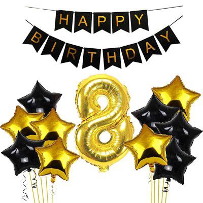 Black & Gold 8th Happy Birthday Balloons Decoration Kit Items Combo-12Pcs for Kids Boys, Girls, 10 Star Foil Balloons, 1 Banner ,1 number foil balloon