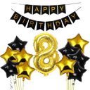 Black & Gold 8th Happy Birthday Balloons Decoration Kit Items Combo-12Pcs for Kids Boys, Girls, 10 Star Foil Balloons, 1 Banner ,1 number foil balloon...