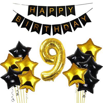 Black & Gold 9th Happy Birthday Balloons Decoration Kit Items Combo-12Pcs for Kids Boys, Girls, 10 Star Foil Balloons, 1 Banner ,1 number foil balloon