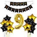 Black & Gold 9th Happy Birthday Balloons Decoration Kit Items Combo-12Pcs for Kids Boys, Girls, 10 Star Foil Balloons, 1 Banner ,1 number foil balloon...