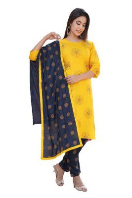 BLACK MACY Women Rayon Printed Anarkali Kurti with Pant and Dupatta Set (Cherry)