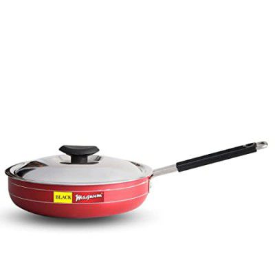 Black Magnum Basics IBFPNL-2, 24 cm Diameter Frying Pan, Nonstick 2 Litre Curry Pan Fry Pan with Steel Lid, Small Frying Pan, Red