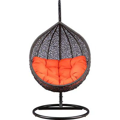 Black Oak Urban Oak Single Seater |Swing Chair with Stand & Cushion & Hook Outdoor Indoor| Living Room | Balcony | Garden | Patio | Home Improvement (Stand-Brown, Basket-Brown, Cushion-Orange)