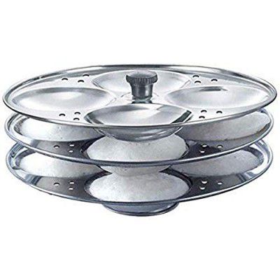 Black Olive Stainless Steel 3 Idli Plate-Round Stainless Steel Idli Thattu with Stand (3 Plates/ 12 Idlis)