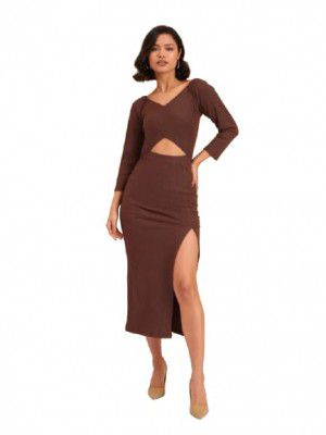 Black Rib Side Slit Wrap Neck Cut-Out Midi Dress