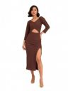 Black Rib Side Slit Wrap Neck Cut-Out Midi Dress...