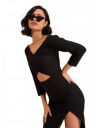 Black Rib Side Slit Wrap Neck Cut-Out Midi Dress...