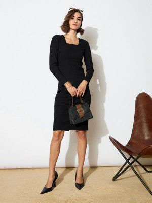Black Rib Square Neck FS Midi Dress