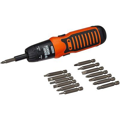 BLACK+DECKER A7073 6V Battery Powered Screwdriver with onboard LED Light & 14 pc bits included (A7073-IN), Corded Electric