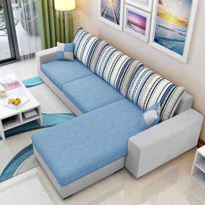 Blisscraft Adison 4 Seater Fabric RHS L Shape Sofa Set (Sky Blue-Light Grey)