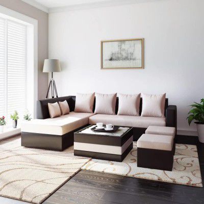 Blisscraft Marbon 8 Seater Fabric LHS L Shape Sofa Set with Centre Table & 2 Puffy (Cream-Brown)