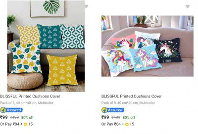 Blissful Cushion Covers Pack of 5 at Rs.99