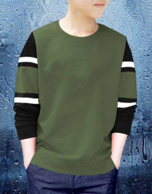 BLIVE  Boys Striped Cotton Blend T Shirt  (Dark Green, Pack of 1)