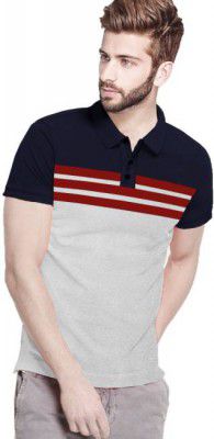 BLIVE Striped Men Polo Neck Dark Blue, Grey T-Shirt