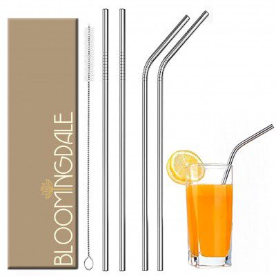 Bloomingdale Straw Reusable Stainless Steel Straw Set of 5 (2- Bend Pipe, 2- Long Straw, 1-Cleaning Brush)
