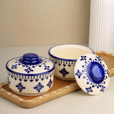 The Earth Store Blue Drape Multipurpose Ceramic Donga Set of 2, 500 ML Serving Bowls
