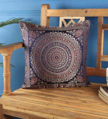 MFD Home Furnishing Blue Floral Poly Cotton 16 x 16 Inches Cushion Cover
