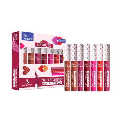 Blue Heaven Lip Kicks Non Transfer Lip color Pack of 7, Liquid Matte Lipsticks, 19.6ml