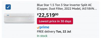 Big Loot: Blue Star 1.5 Ton 3 Star Inverter Split AC (Copper, Dust Filter, 2022 Model, IA318VNUS )