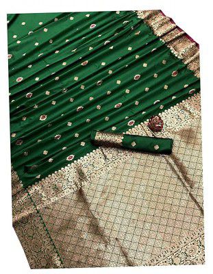 Blue Wish Womens Banarasi Cotton Blend Jacqaurd Saree With Blouse Piece (EC)
