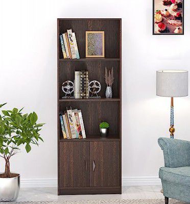 BLUEWUD Seonn Engineered Wood Bookshelf Cabinet Book Rack Organizer with Shelves for Décor Display, 2 Doors Cabinet Floor Standing for Home Library (Wenge, Without Drawer)