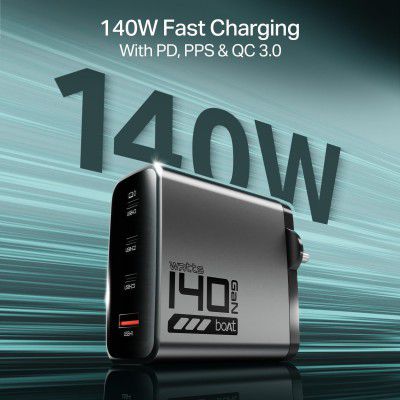 boAt 140W GaN Charger with 140W Fast Charging, PD 3.1, PPS & QC 3.0 Support, 4 Charging Ports (3X Type-C & 1x USB-A), GaN Chip Technology, Smart Power Distribution, Compact & Lightweight (Ash Grey)