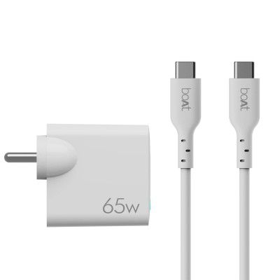 boAt WCD 65W Dual Port Wall Charger with GaN Chip Technology, 18W Quick Charge 3.0, & 65W Power Delivery, PPS Support, Smart IC Protection,Auto Detection,Corrosion Resistant Pins & Free Type C