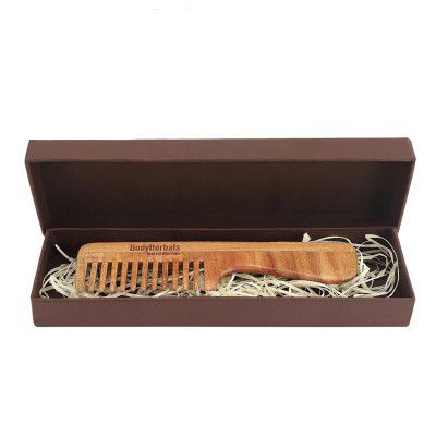 BodyHerbals Dressing Comb, Handle Rake comb, 100% Neem Wood, Hand Made with Design in Gift box (Cream)