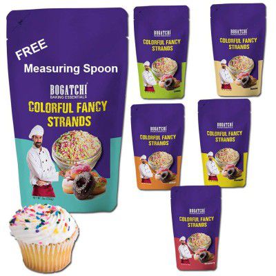BOGATCHI Colorful Sprinkles for Decoration Coffee, Ice Creams and Milk Shakes, 5 Colorful Strands, Colorful Sprinkles, Gluten Free & Vegan, 5 Colors Separately Packed, 250g + Free Measuring Spoon