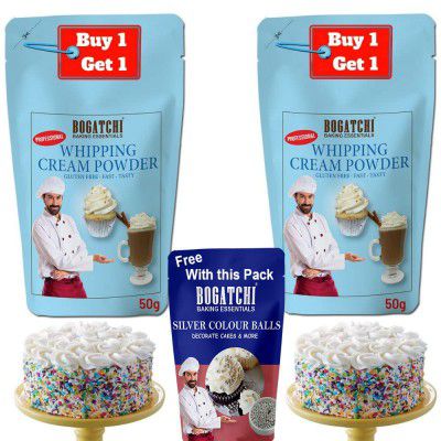 BOGATCHI Whipping cream for cake, Whipping Cream Powder Powder(50g)+ Silver Balls (20g)