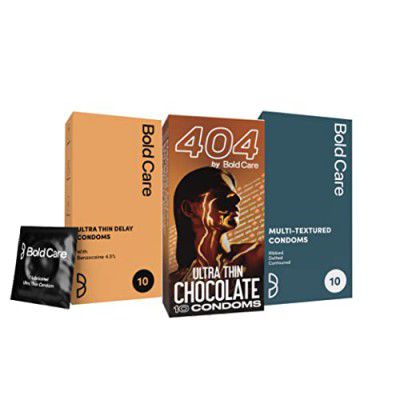 Bold Care Ultra Thin Delay Condoms + 404 Super Ultra Thin Chocolate Flavored Condoms + Bold Care Multi Textured condoms - Combo pack - 30 Pcs