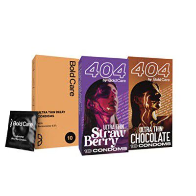 Bold Care Ultra Thin Delay Condoms + 404 Super Ultra Thin Strawberry Flavored Condoms + 404 Super Ultra Thin Chocolate Flavored Condoms - Combo pack - 30 Pcs