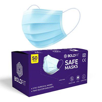 Boldfit 3 Ply Layer Disposable Surgical Face Mask Blue One Size 50 Count