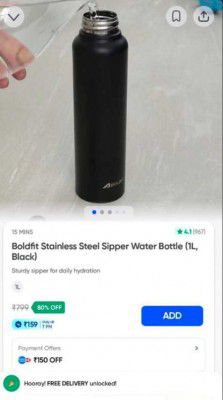 Swiggy Instamart Loot : Boldfit Stainless Steel Sipper Water Bottle (1L, Black)